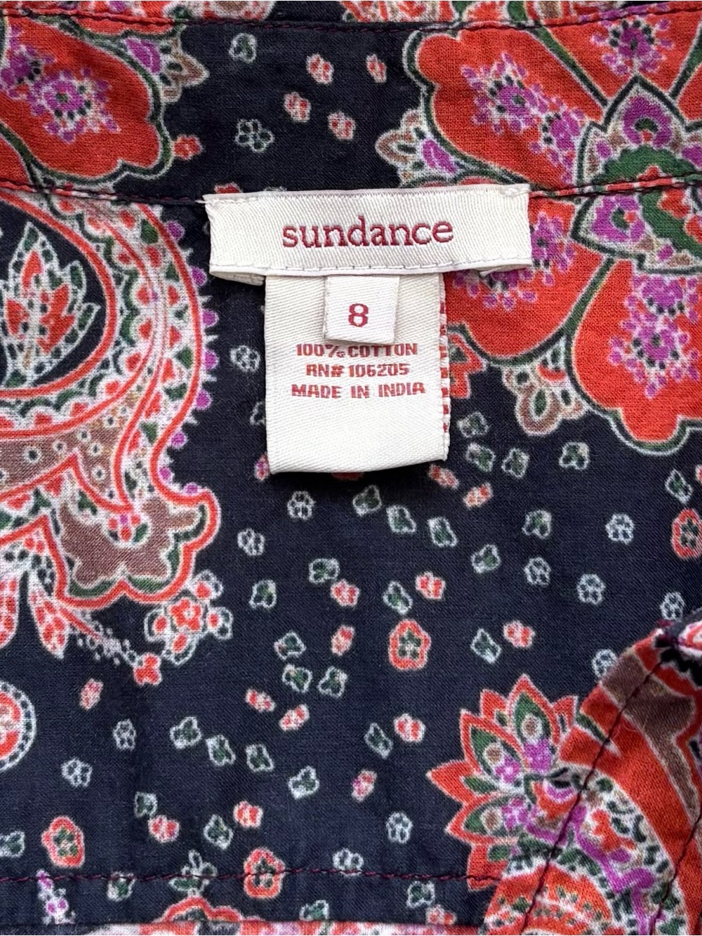 Sundance Paisley Cotton Button Front Blouse Size 8 - Picture 5 of 8